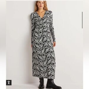 Boden NWT Ruched Jersey Midi Dress in Black and Ivory Tulip Vine Size US2P